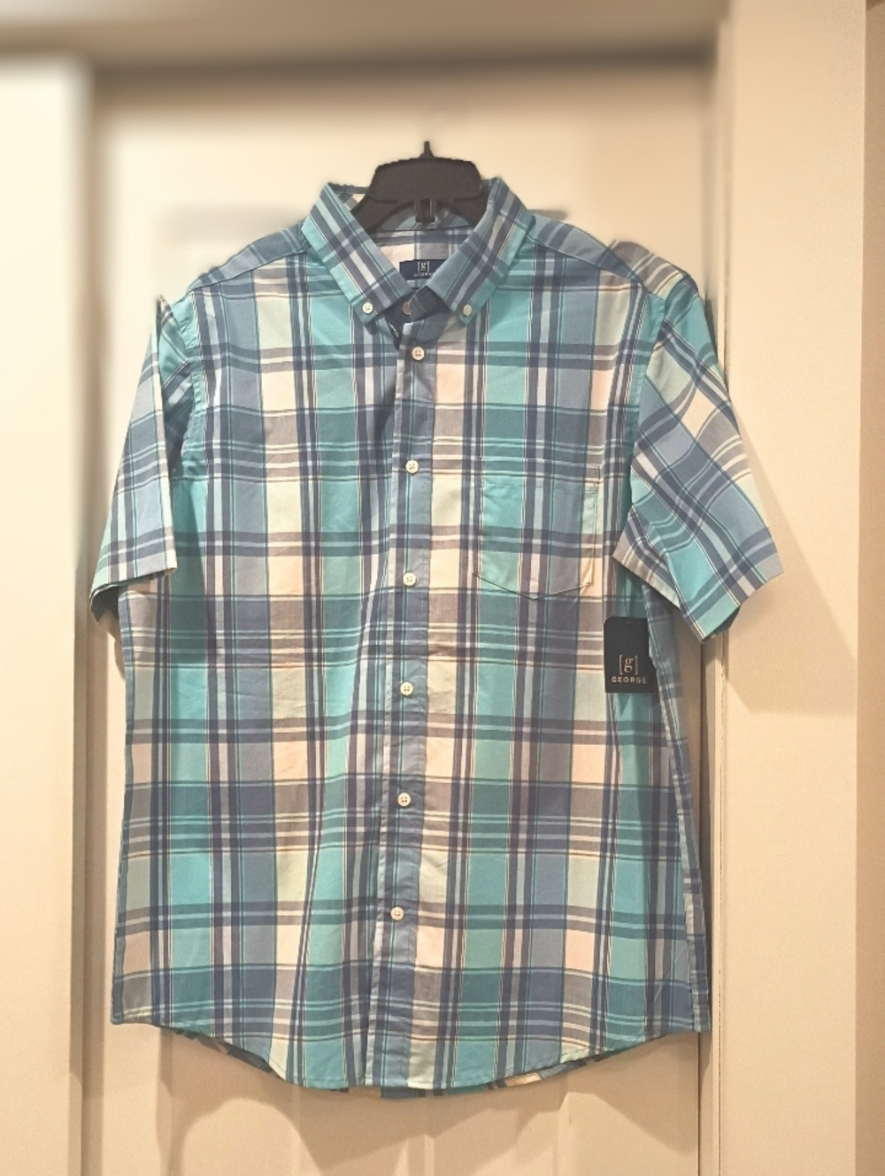 George Plaid Short-Sleeve Button-Down Shirt - Light Blue & White